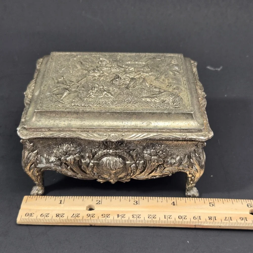 Vintage Silver Plated Jewelry Box Red Velvet Lining Ornate Cherub Footed